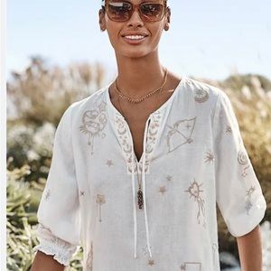 Johnny Was Los Angeles Algol Linen Split Neckline Top Size L 100% Linen⭐️Rare⭐️